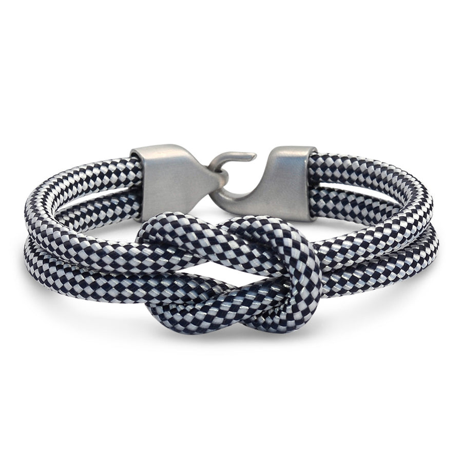 The Nantucket Collection: Our signature navy blue and white diamond braid nautical rope bracelet featuring a 316L stainless steel clasp and custom USA-made line.