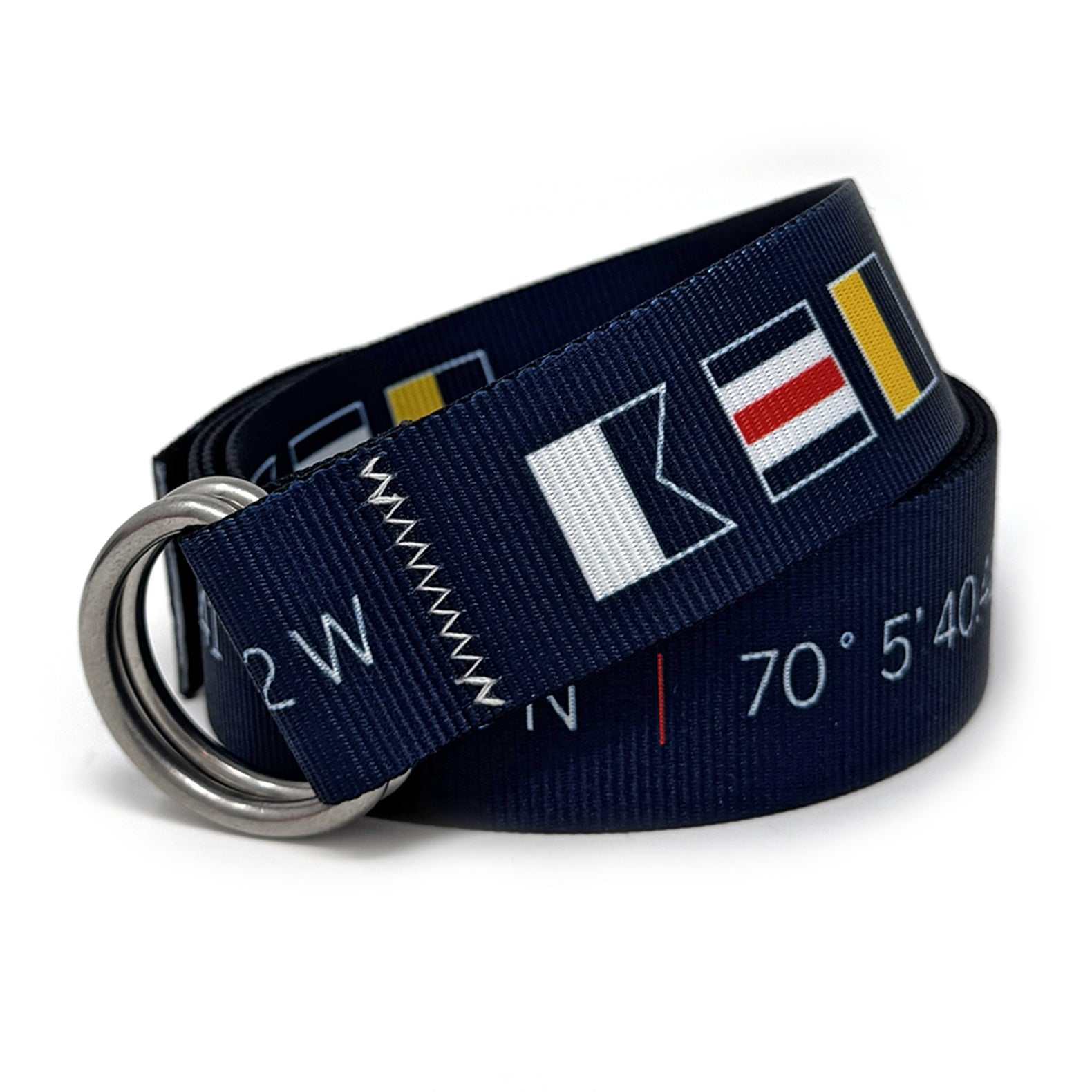 Nantucket lat/long Belt: A navy blue 1.5" marine-grade webbing belt featuring signature zig-zag stitching and 316L stainless steel d-rings.