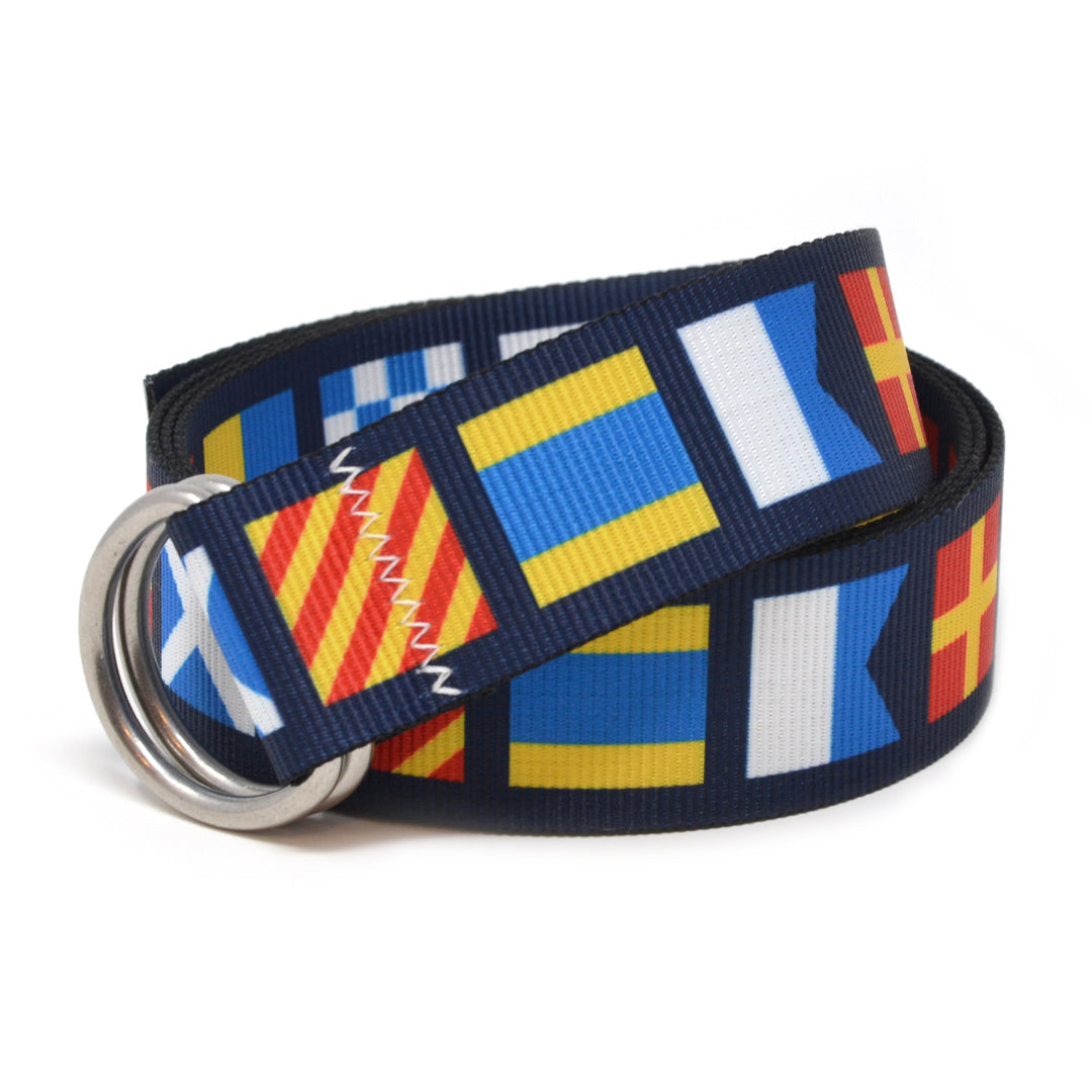 Dark n Stormy Nautical Signal Flag Belt: A navy blue signal flag 1.5" marine-grade webbing belt with signature zig-zag stitching and 316L stainless steel d-rings.