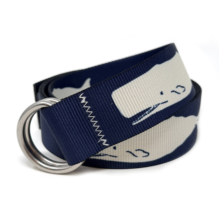 Moby Ocean Belt: A navy blue whale 1.5" marine-grade webbing belt with signature zig-zag stitching and 316L stainless steel d-rings.