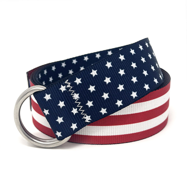 Stars & Stripes American Flag Belt: A 1.5" marine-grade webbing belt with signature zig-zag stitching and 316L stainless steel d-rings.