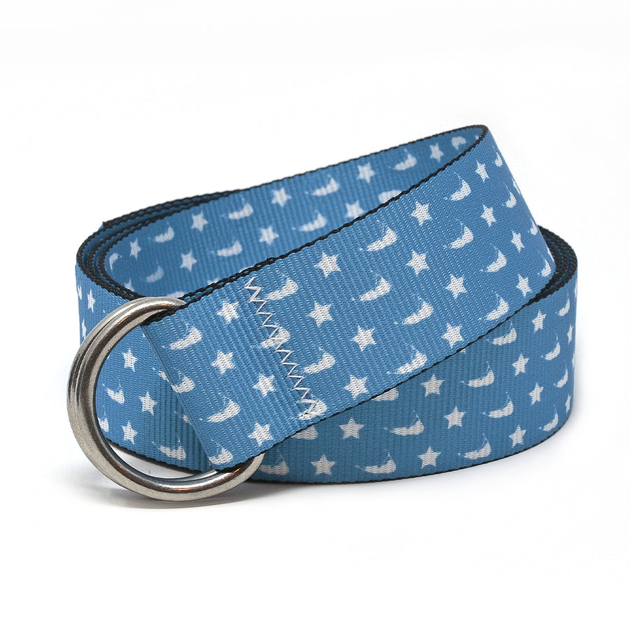 Nantucket Nights: A light blue 1.5" marine-grade webbing belt featuring signature zig-zag stitching and 316L stainless steel d-rings.