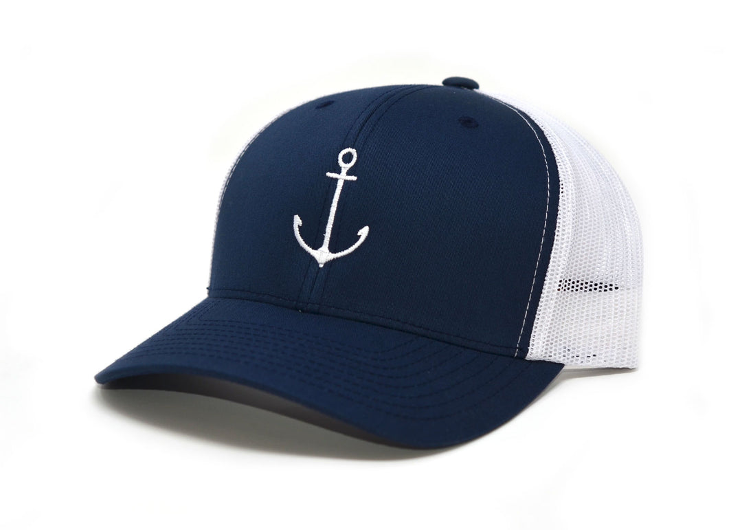 Anchor Trucker Hat: A navy 6-panel structured mesh back hat with a mid-profile fit and snapback closure.