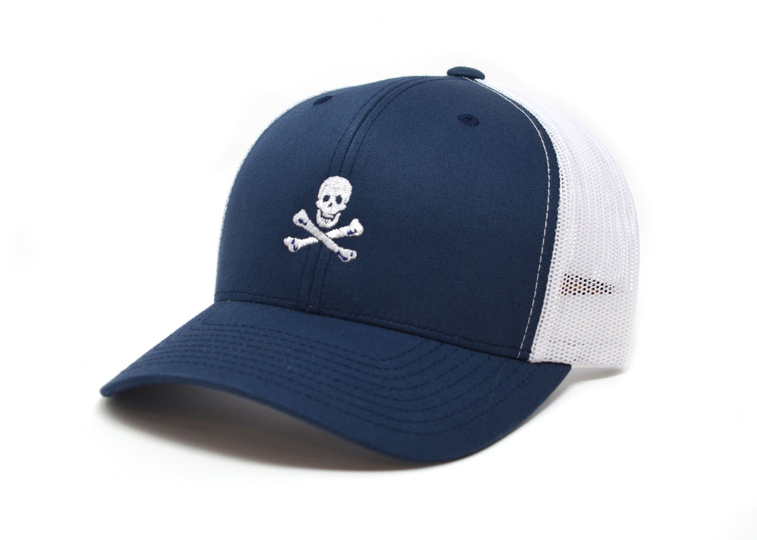 Jolly RogerTrucker Hat: A navy 6-panel structured mesh back hat with a mid-profile fit and snapback closure.