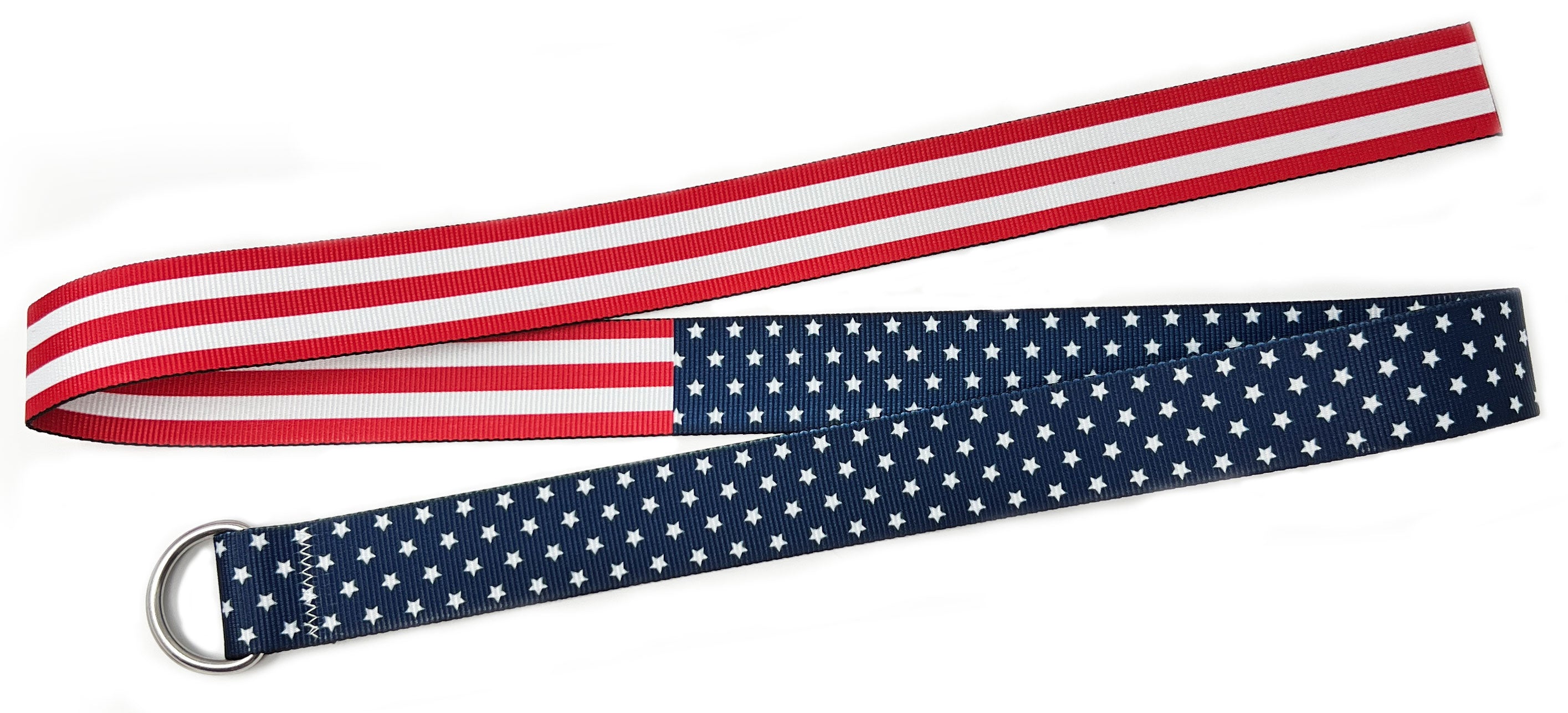 Stars & Stripes American Flag Belt: A 1.5" marine-grade webbing belt with signature zig-zag stitching and 316L stainless steel d-rings.